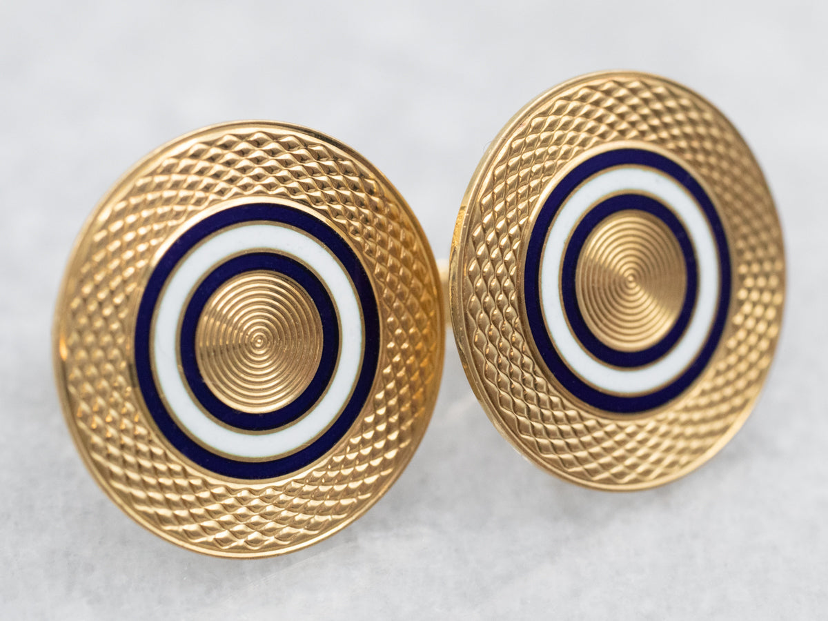 Yellow Gold Black and White Enamel Circle Stud Earrings