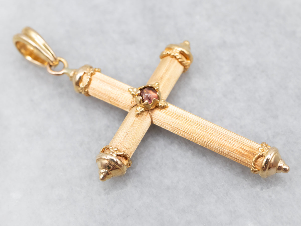 Textured Gold Cross with Pink Tourmaline Center