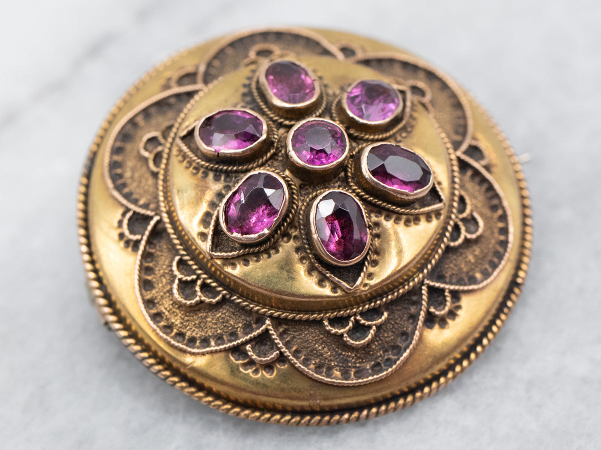 Bloomed Gold Antique Rhodolite Garnet Brooch