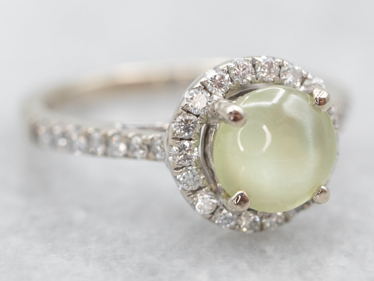 Modern Cat&#39;s Eye Chrysoberyl and Diamond Halo Ring