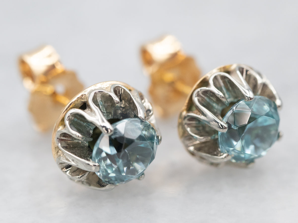 Two Tone Gold Blue Zircon Stud Earrings