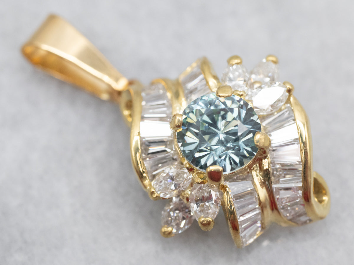 Yellow Gold Blue Zircon and Diamond Pendant