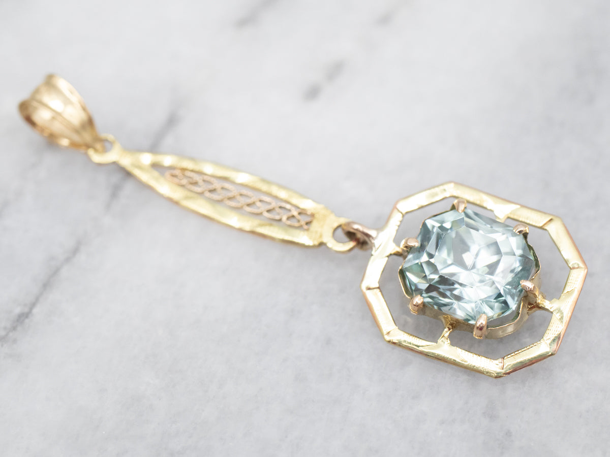 Yellow Gold Blue Zircon Lavalier Pendant