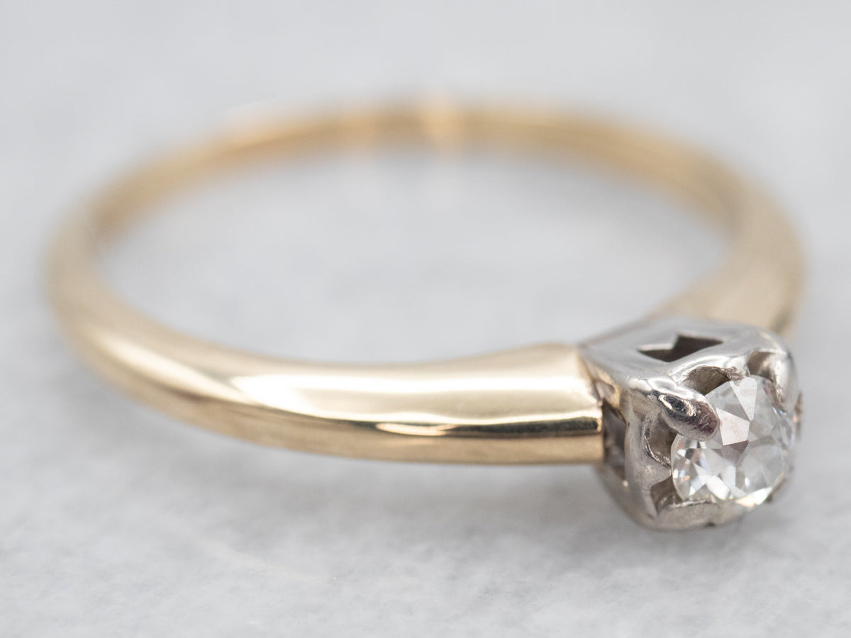 Two Tone Old Mine Cut Diamond Solitaire Engagement Ring