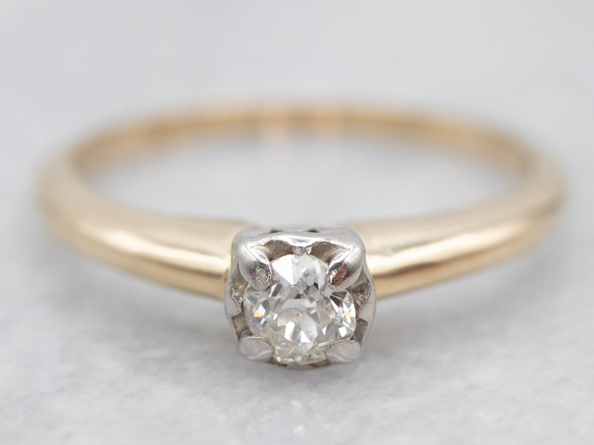 Two Tone Old Mine Cut Diamond Solitaire Engagement Ring