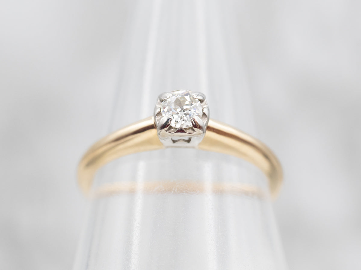 Two Tone Old Mine Cut Diamond Solitaire Engagement Ring