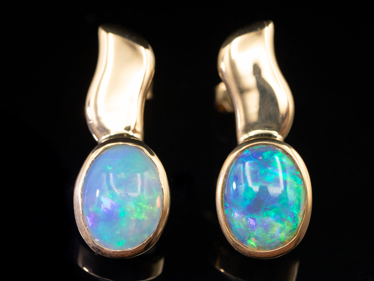 18Ct Gold Bezel Set Opal Drop Stud Earrings