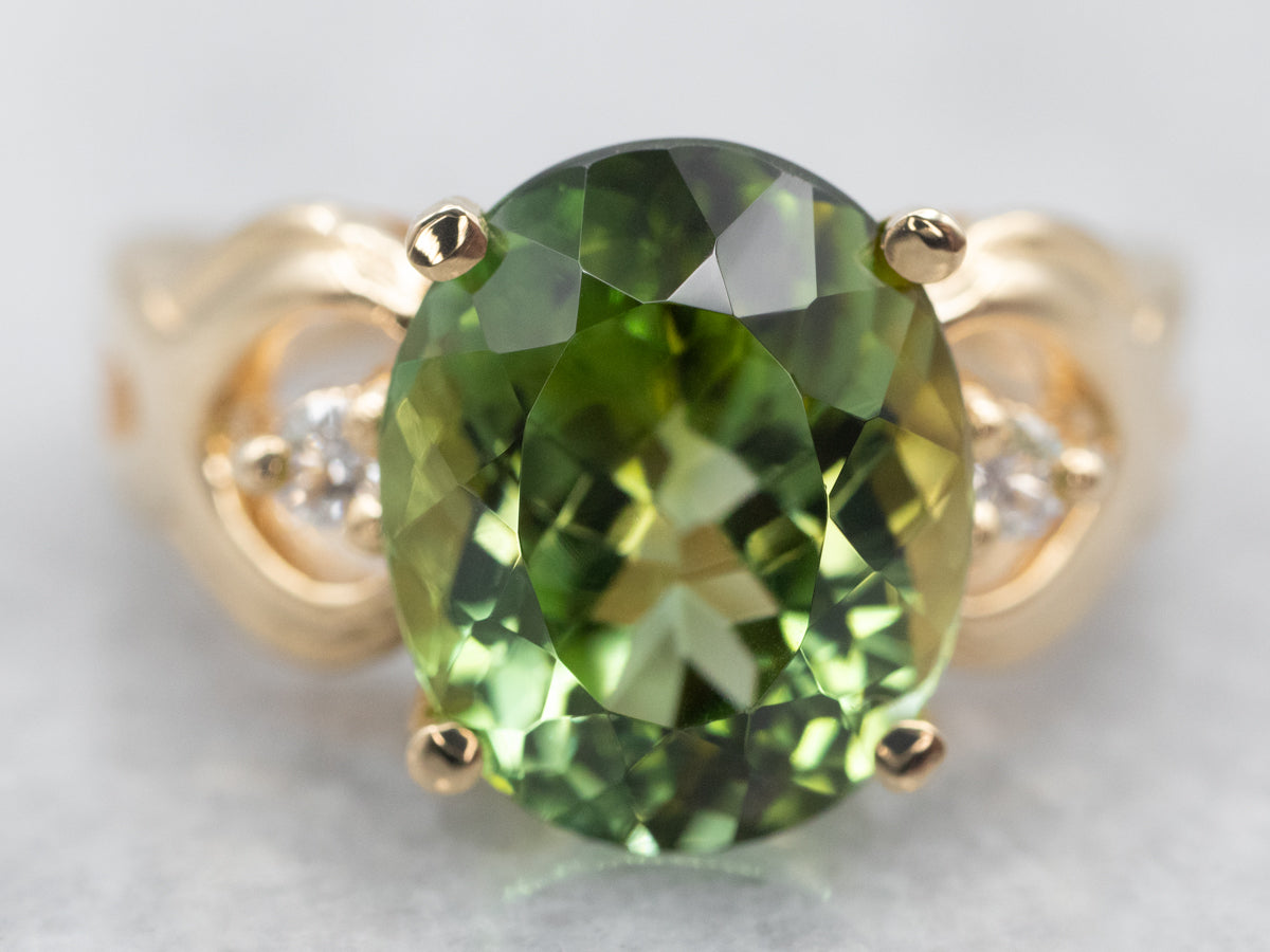 Yellow Gold Green Tourmaline Cocktail Ring with Diamond Accents