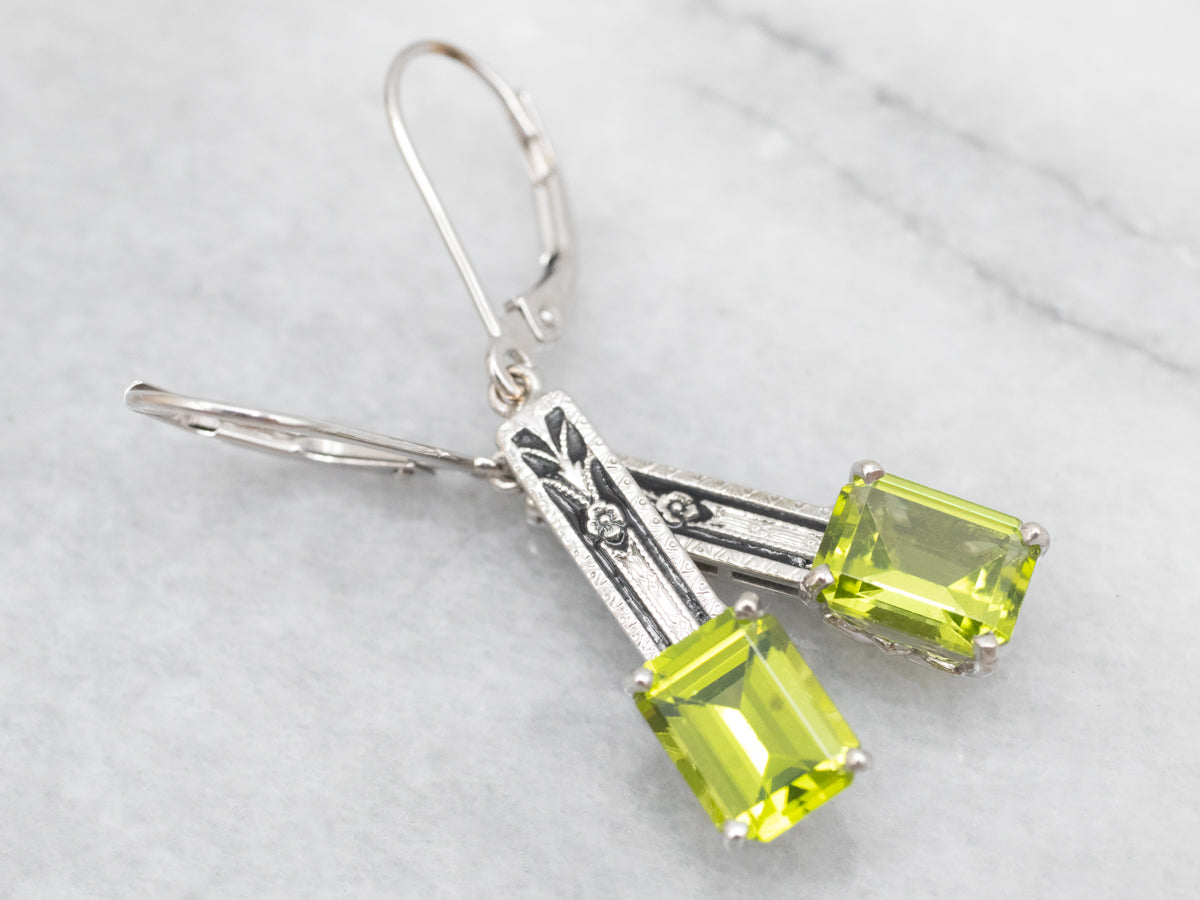 White Gold Peridot Deco Bar Drop Earrings