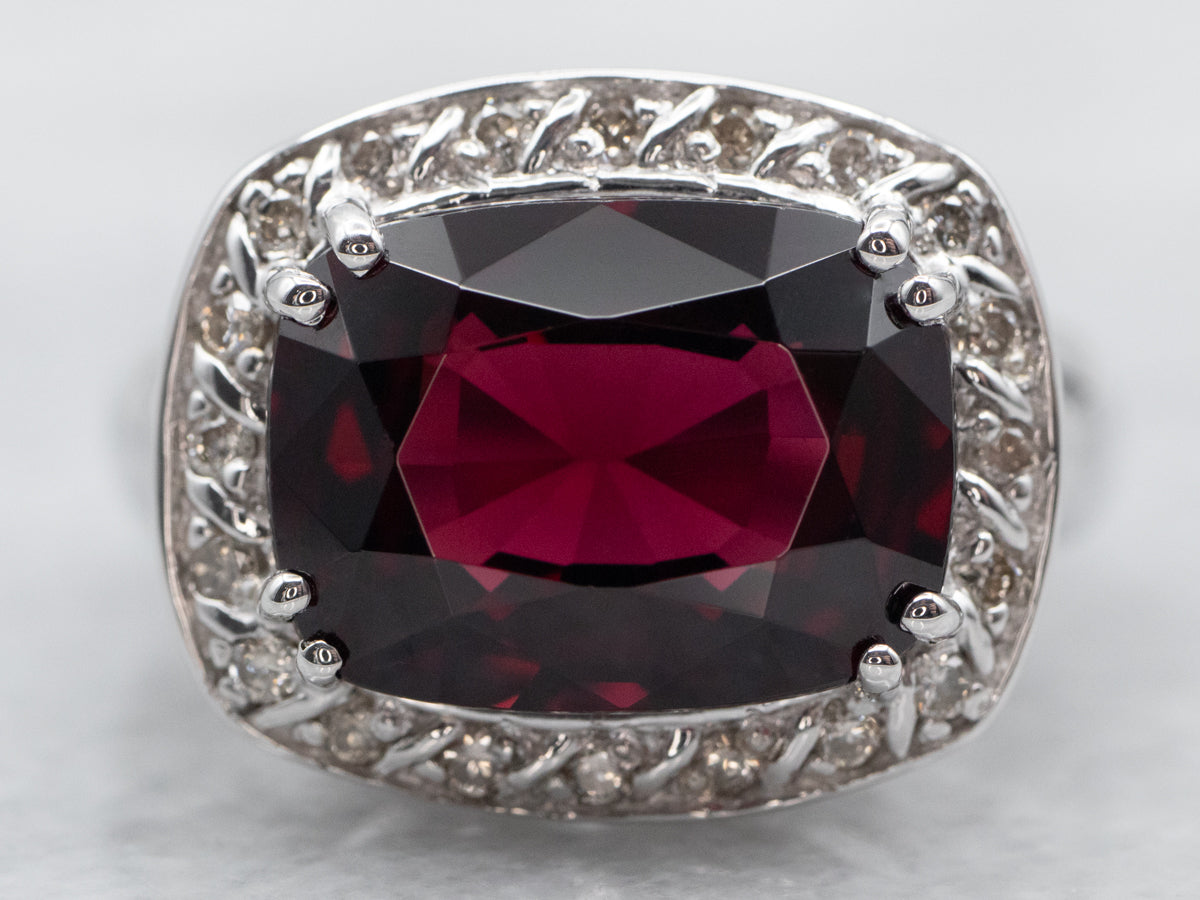 Bold Pyrope Garnet and Diamond Halo Ring