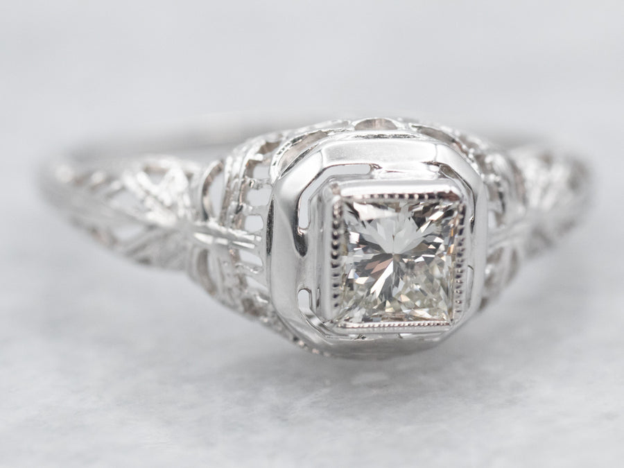 Vintage Art Deco Ring Setting Style - Art Deco Scrolls 1.50 - 1.75 Carat Castle Filigree Engagement Ring Setting in 18 Karat White Gold