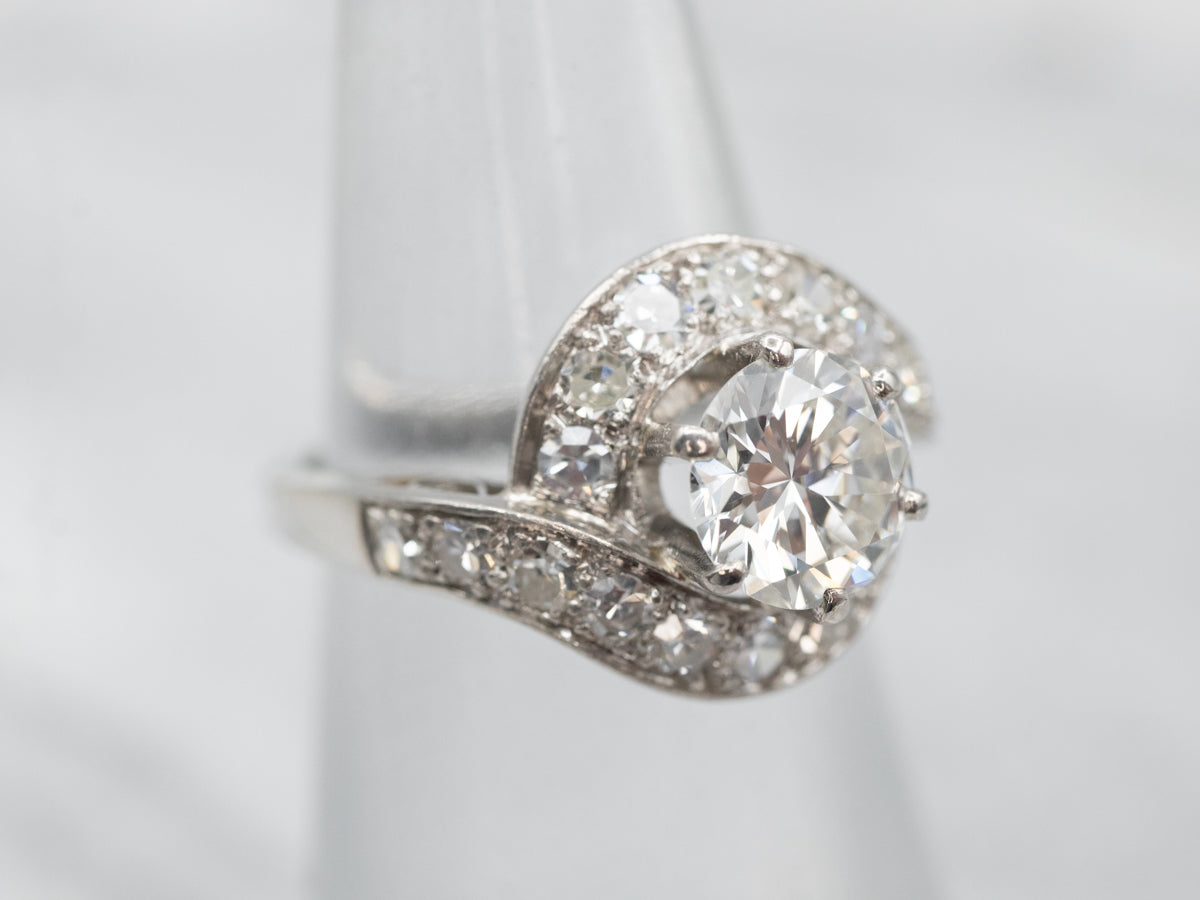 Gorgeous White Gold European Cut Diamond Bypass Halo Engagement Ring