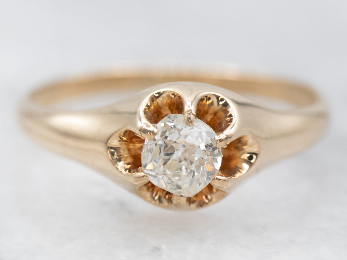 Stunning Yellow Gold Old Mine Cut Diamond Buttercup Solitaire Engagement Ring