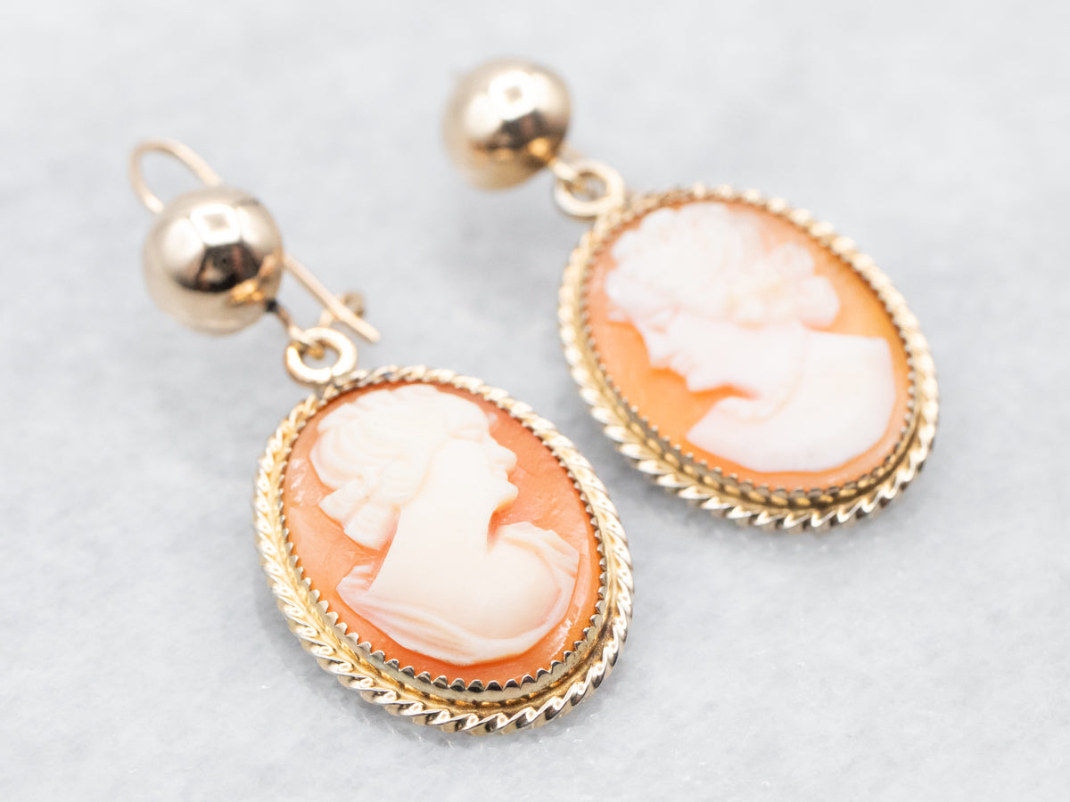 Yellow Gold Cameo Drop Earrings