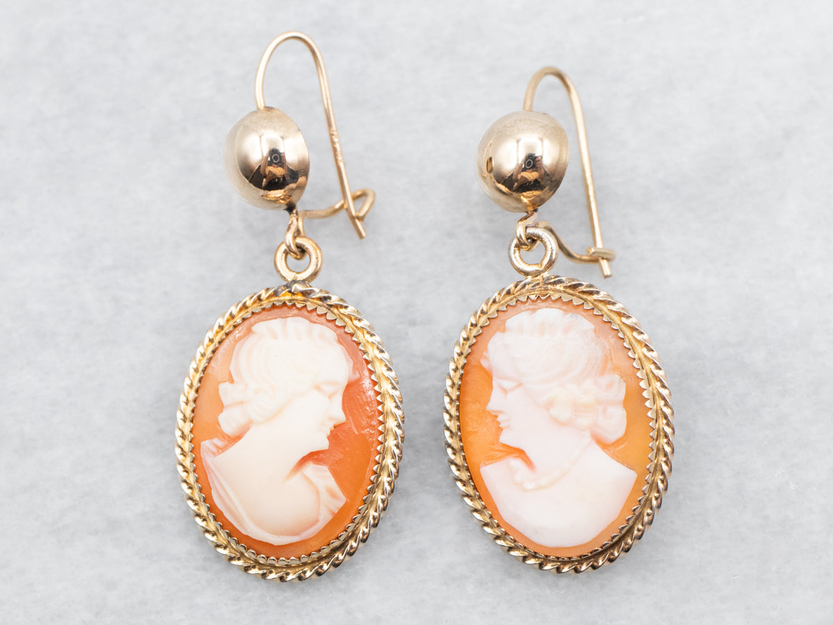 Yellow Gold Cameo Drop Earrings