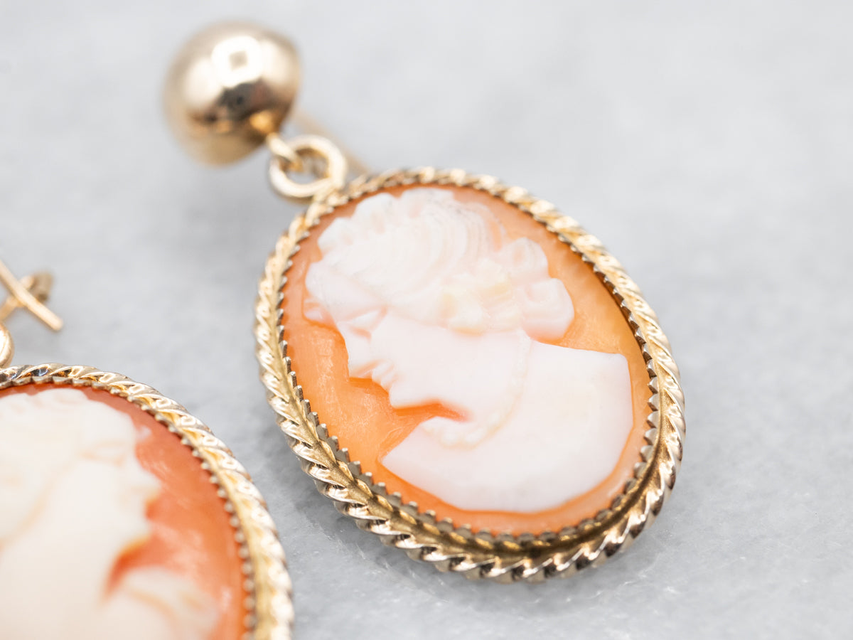 Yellow Gold Cameo Drop Earrings