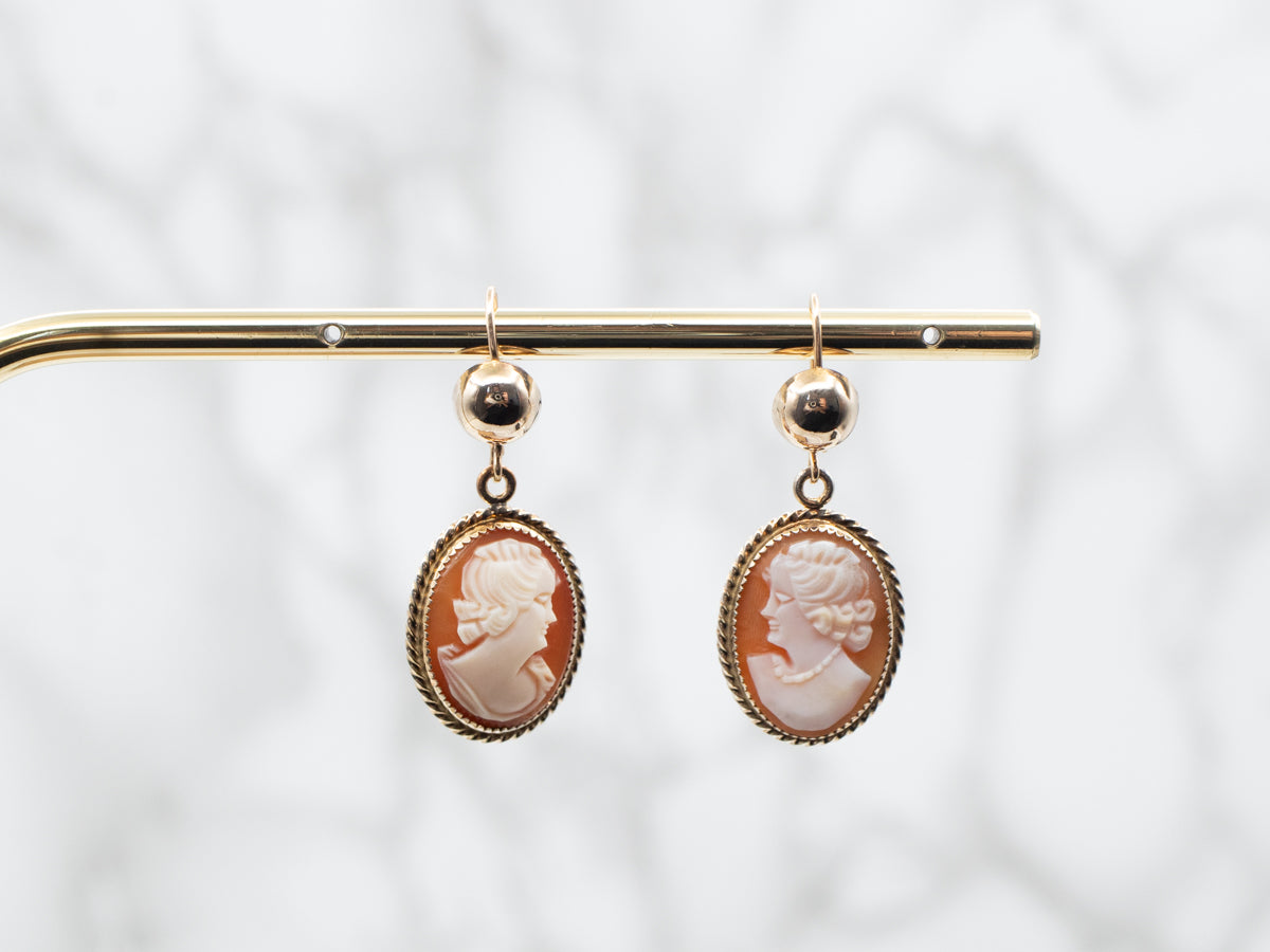 Yellow Gold Cameo Drop Earrings