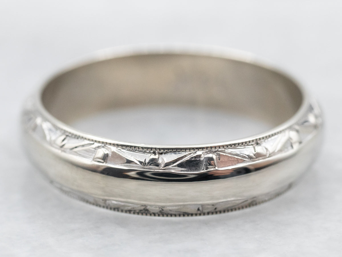 White Gold Patterned Edge Wedding Band