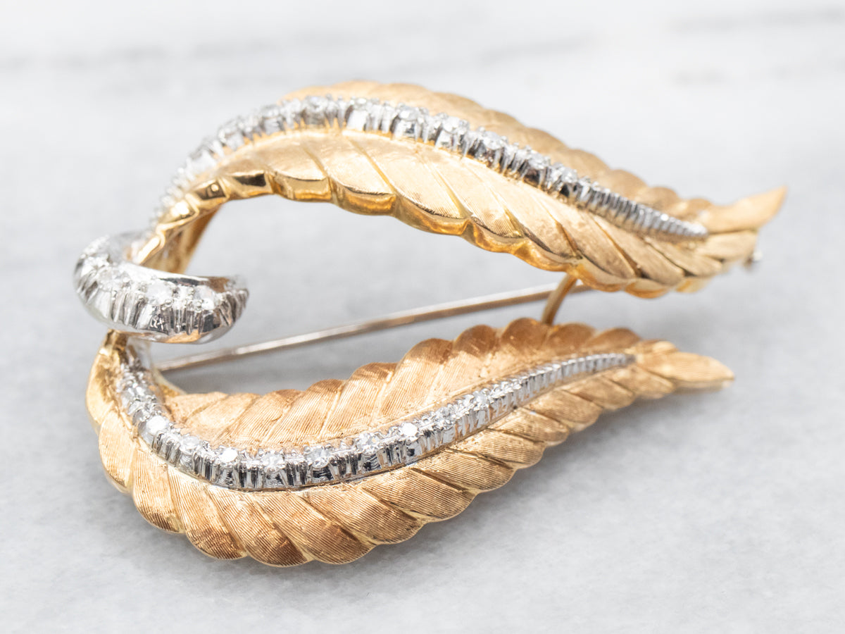 Two Tone Diamond Encrusted Feather Brooch