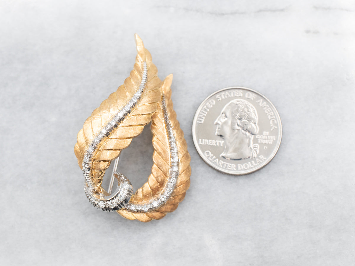 Two Tone Diamond Encrusted Feather Brooch