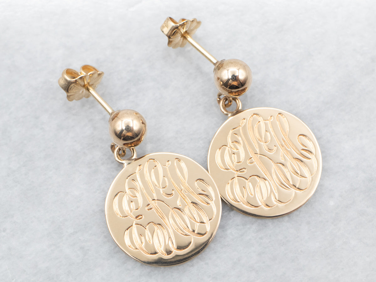 Yellow Gold "EKH" Monogrammed Disc Drop Earrings