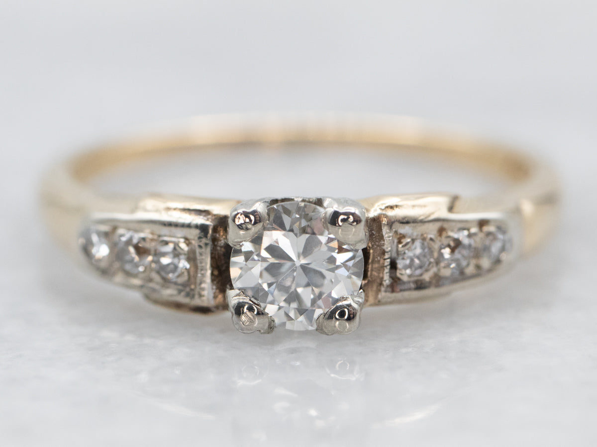 Vintage European Cut Diamond Engagement Ring with Diamond Accents