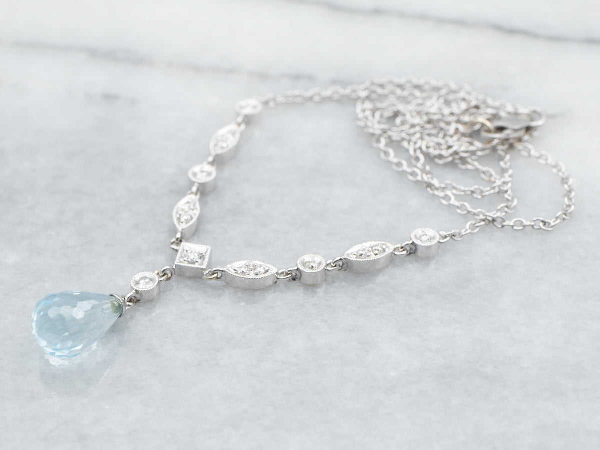 White Gold Blue Topaz Briolette Necklace with Diamond Accents