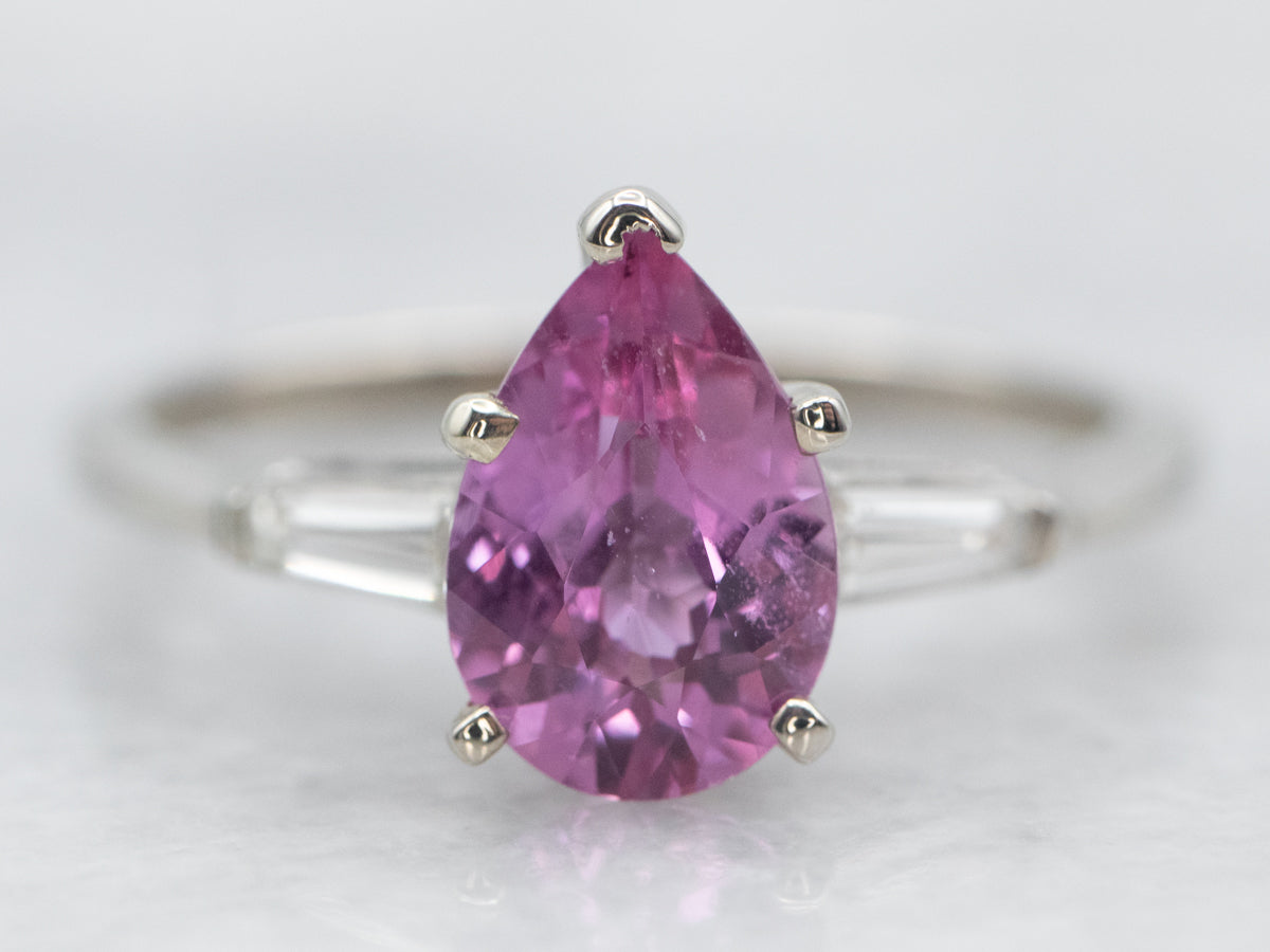 White Gold Pear Cut Pink Sapphire Ring with Diamond Accents