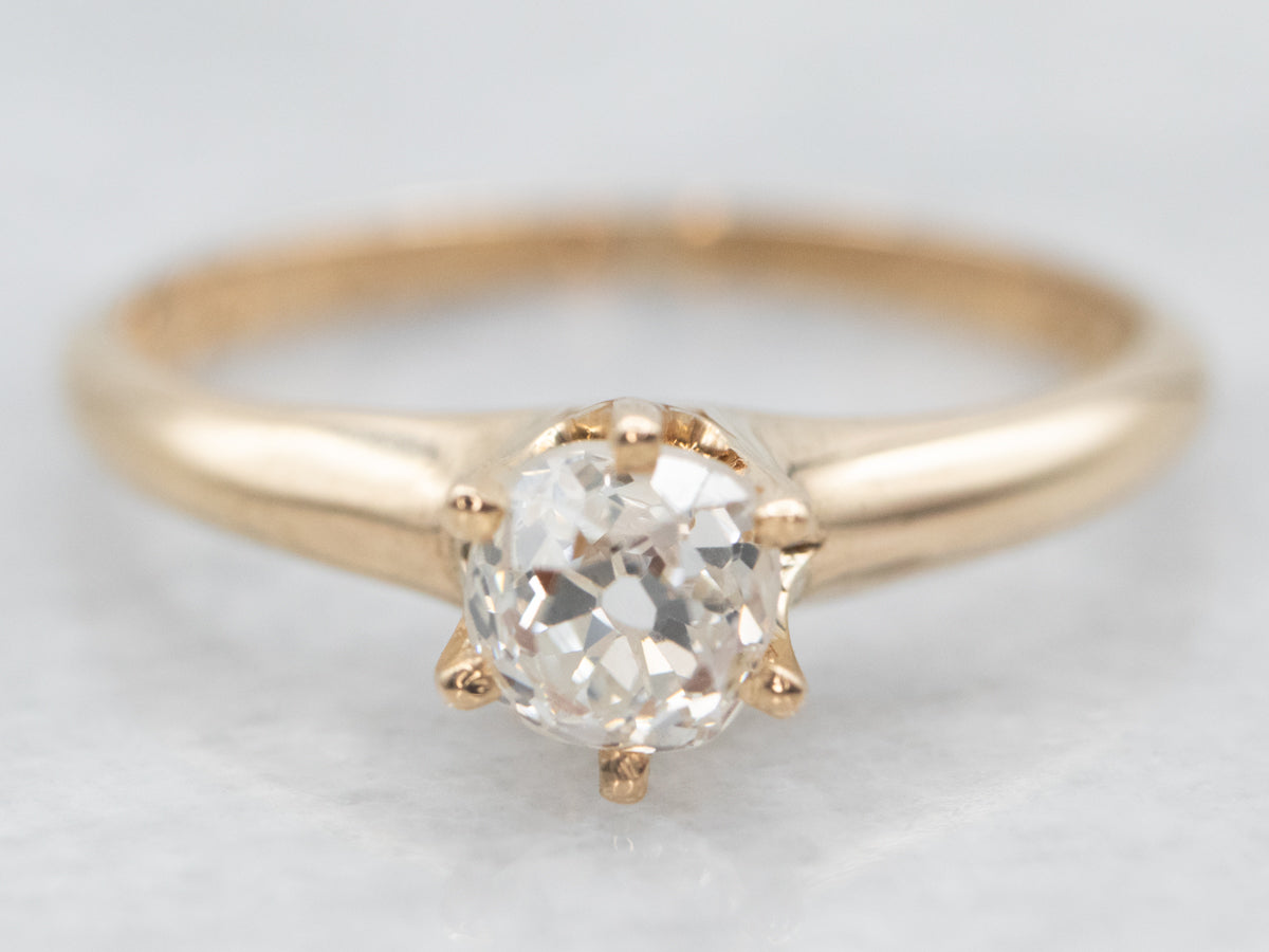 Yellow Gold Old Mine Cut Diamond Solitaire Engagement Ring