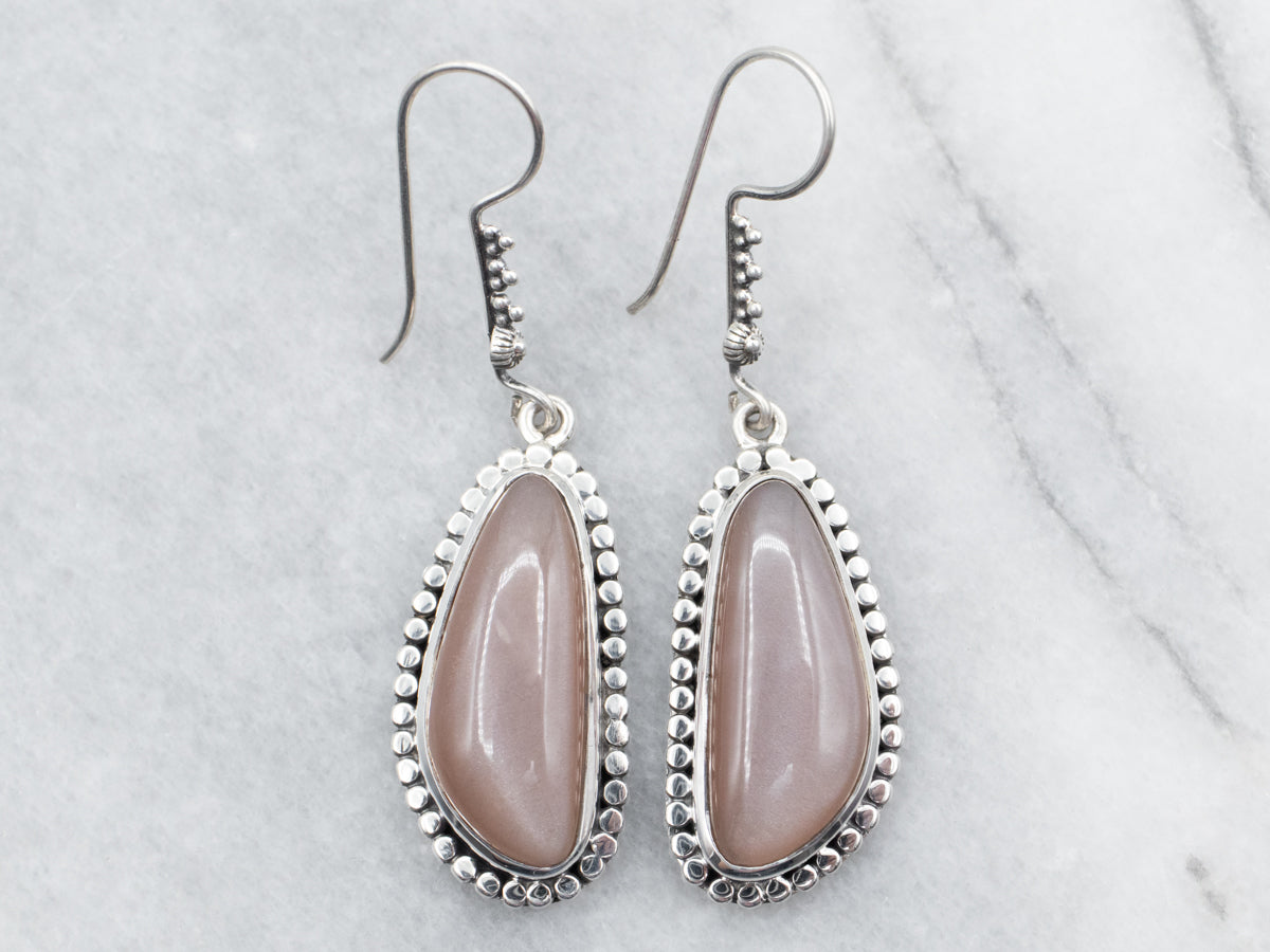 Sterling Silver Moonstone Drop Earrings with Beaded Edge