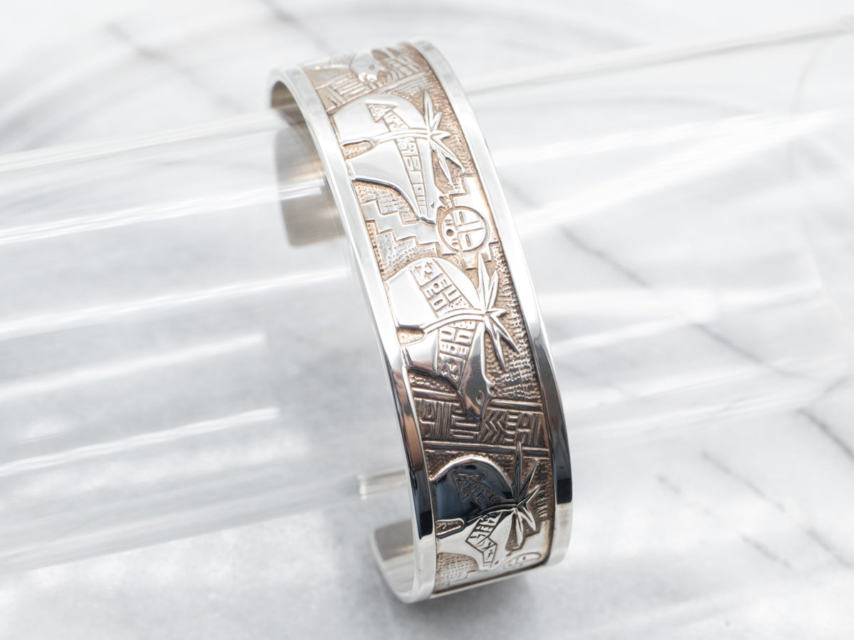 Sterling Silver Cuff: Pan sail boat ocean scene sterling silver cuff by designer hot Loretta Rueben, sample 950 silver. Pliable adjustable.11536