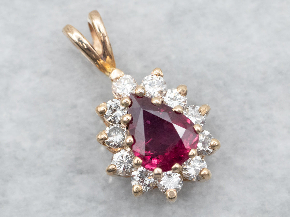 Teardrop Ruby Pendant with Diamond Halo