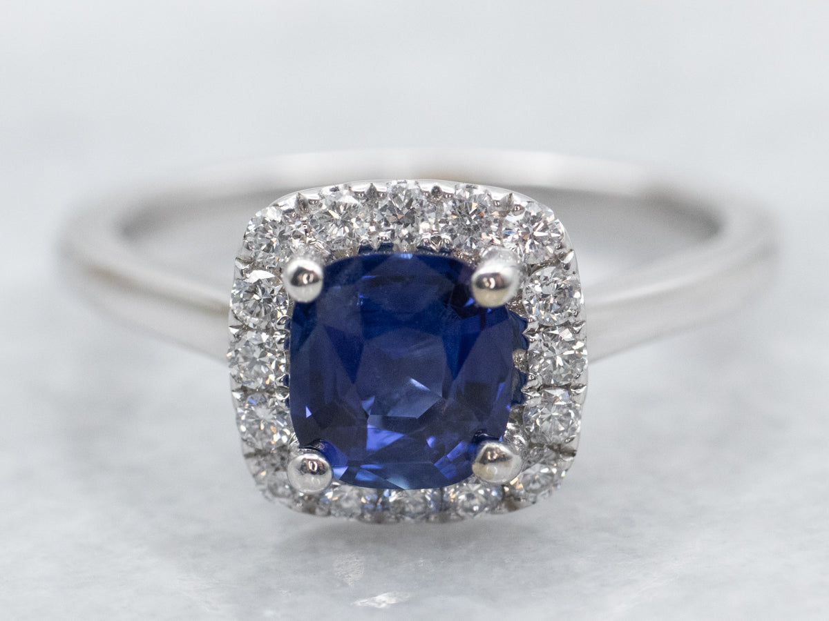 Modern Sapphire and Diamond Halo Ring