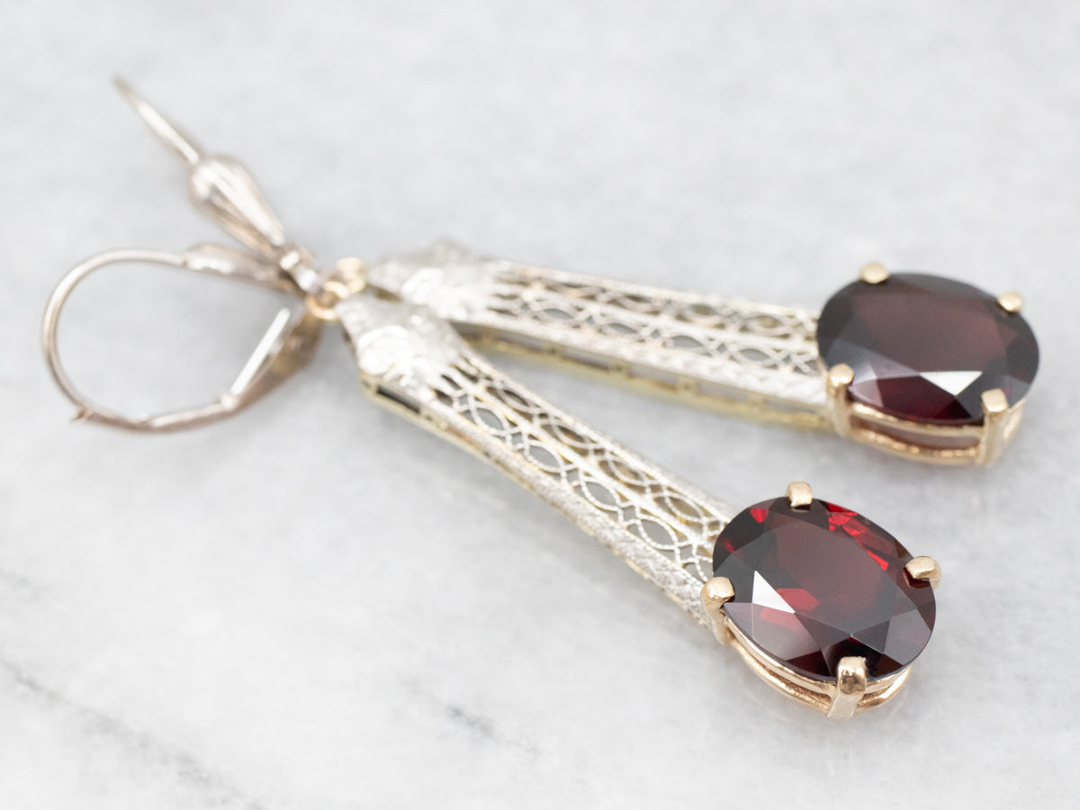 Two Tone Garnet Filigree Drop Earrings