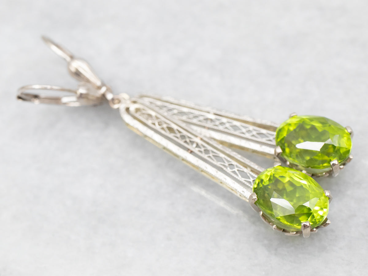 White Gold Peridot Filigree Drop Earrings