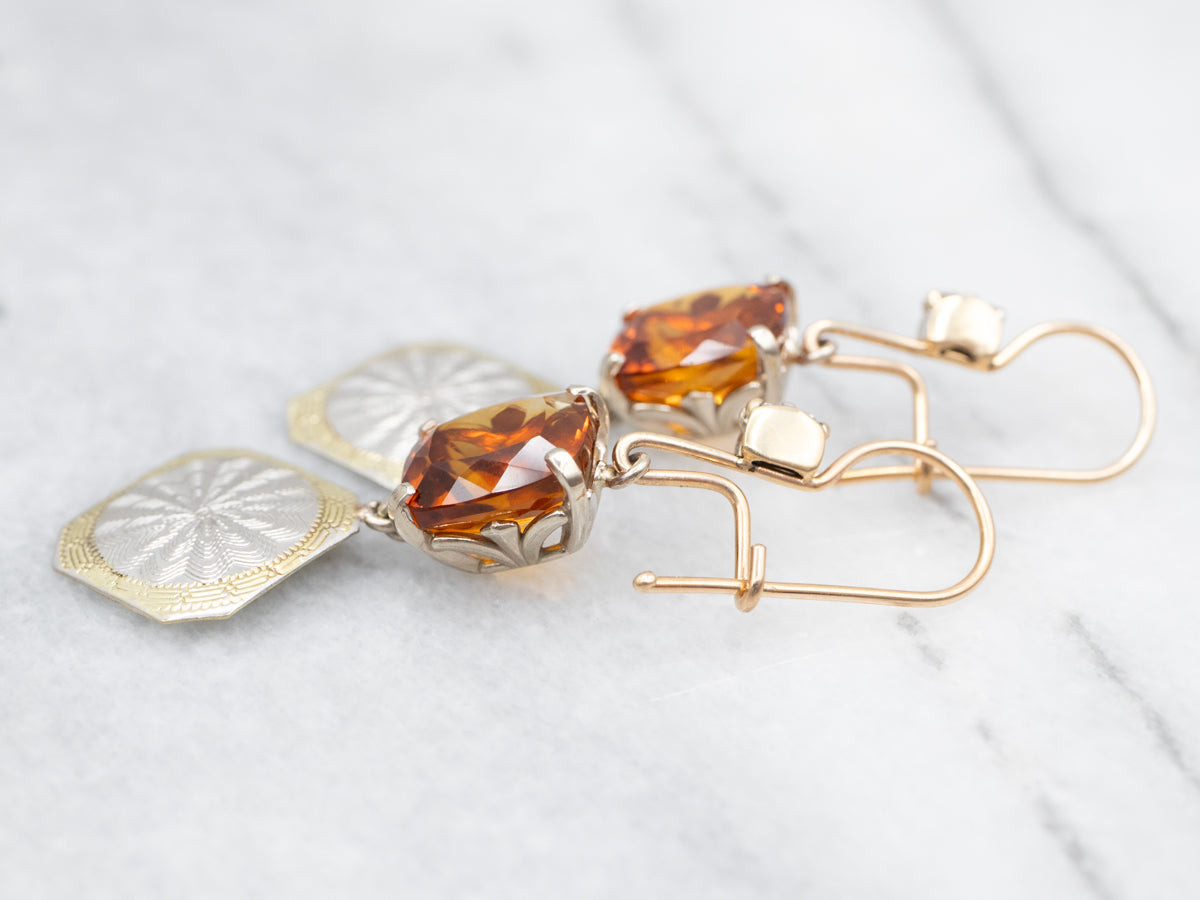 Two Tone Citrine Cufflink Conversion Drop Earrings with Diamond Accents