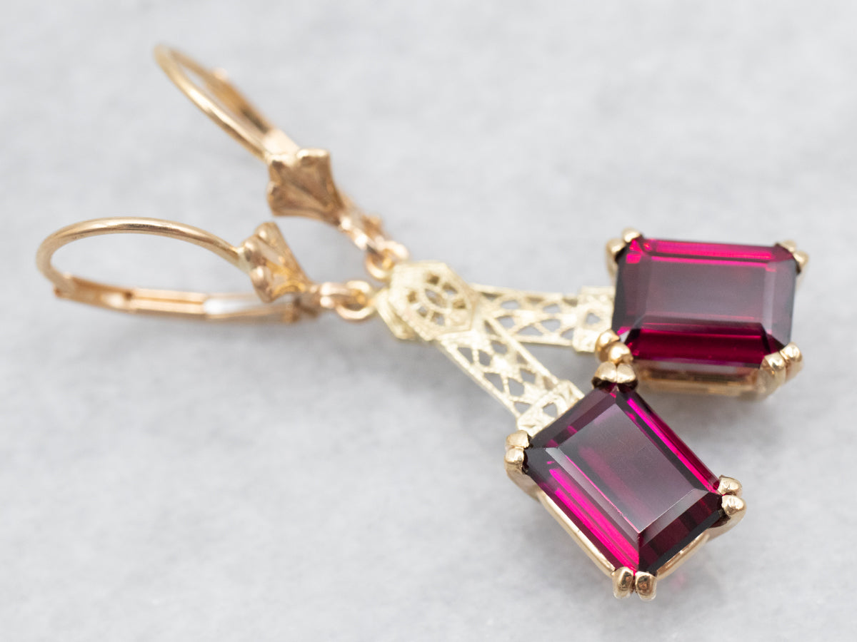 Yellow Gold Rhodolite Garnet Filigree Drop Earrings