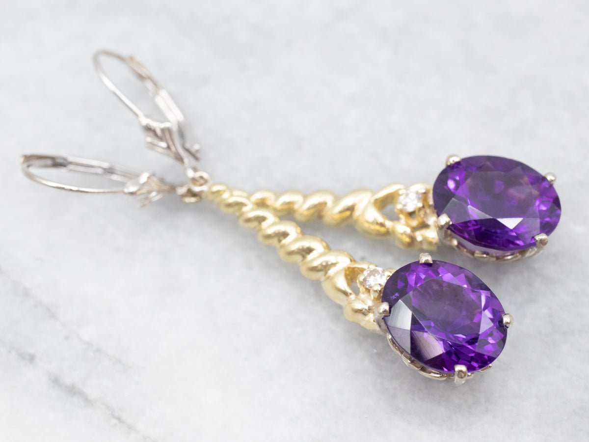 Two Tone Amethyst Twisted Drop Earrings with Diamond Accent