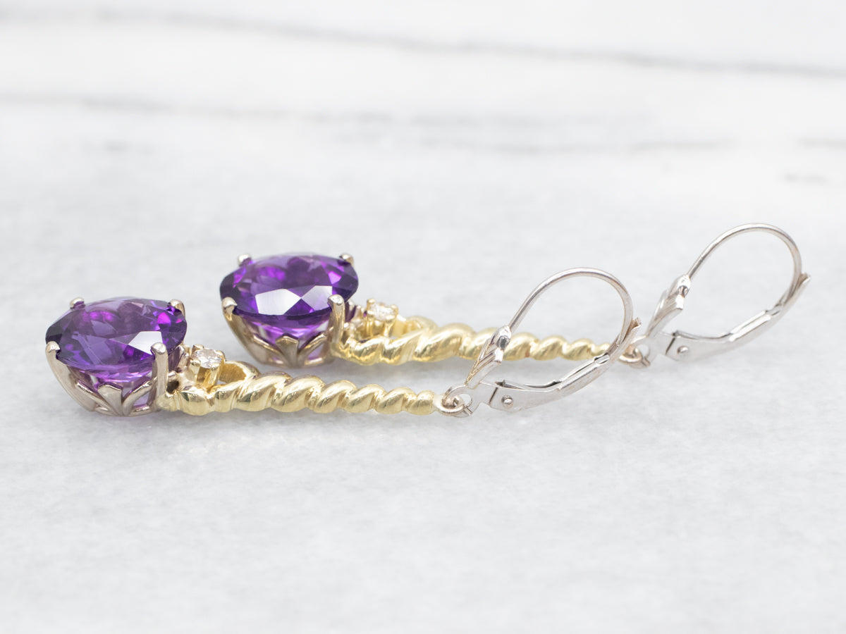 Two Tone Amethyst Twisted Drop Earrings with Diamond Accent