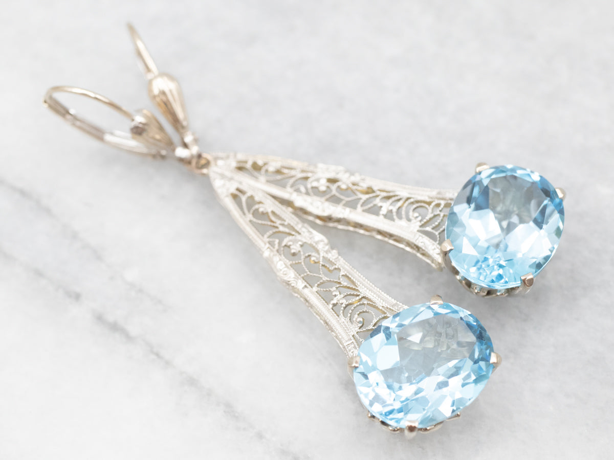 White Gold East West Blue Topaz Filigree Drop Earrings