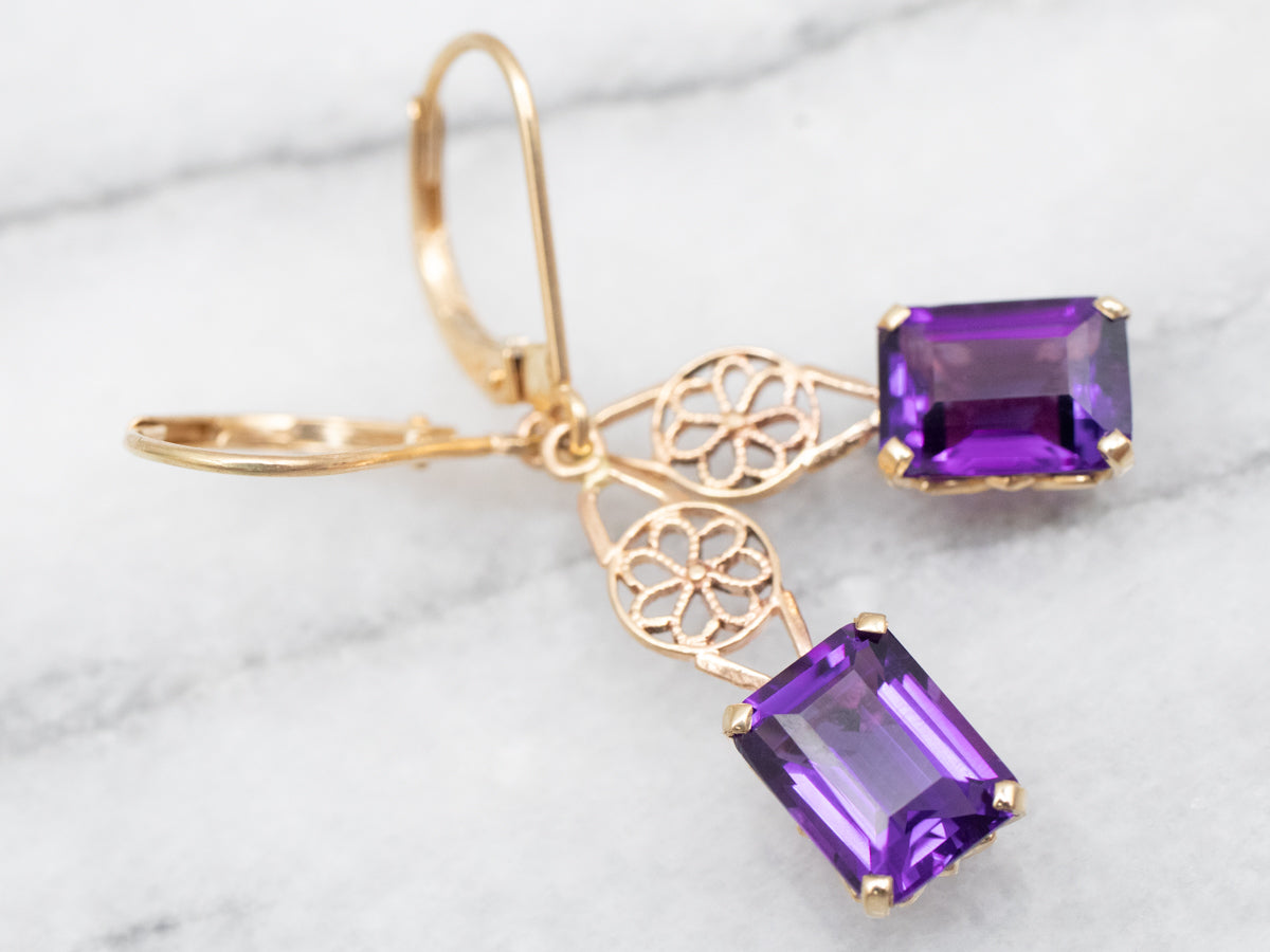 Yellow Gold Amethyst Filigree Drop Earrings