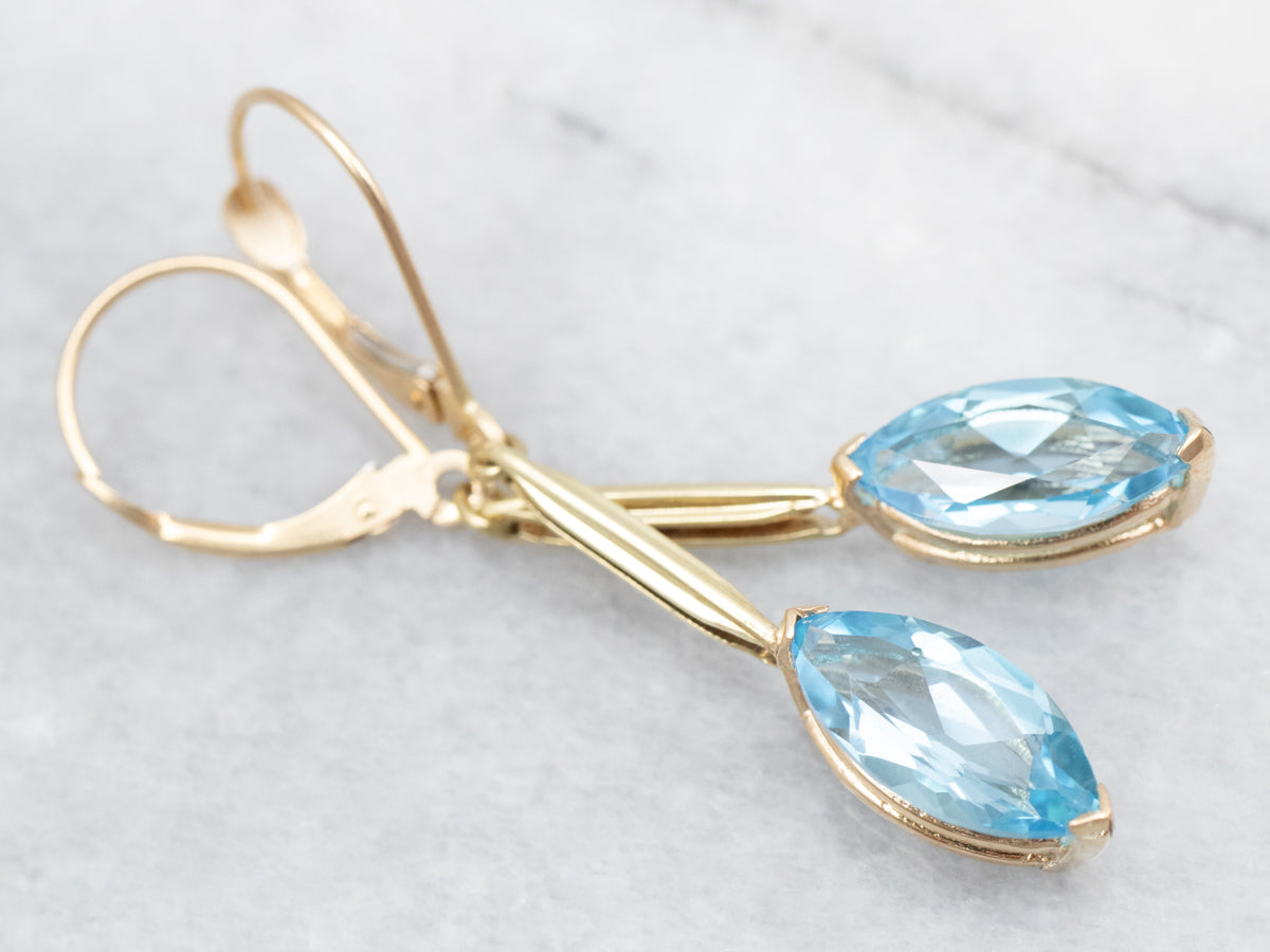 Yellow Gold Marquise Cut Blue Topaz Bar Drop Earrings