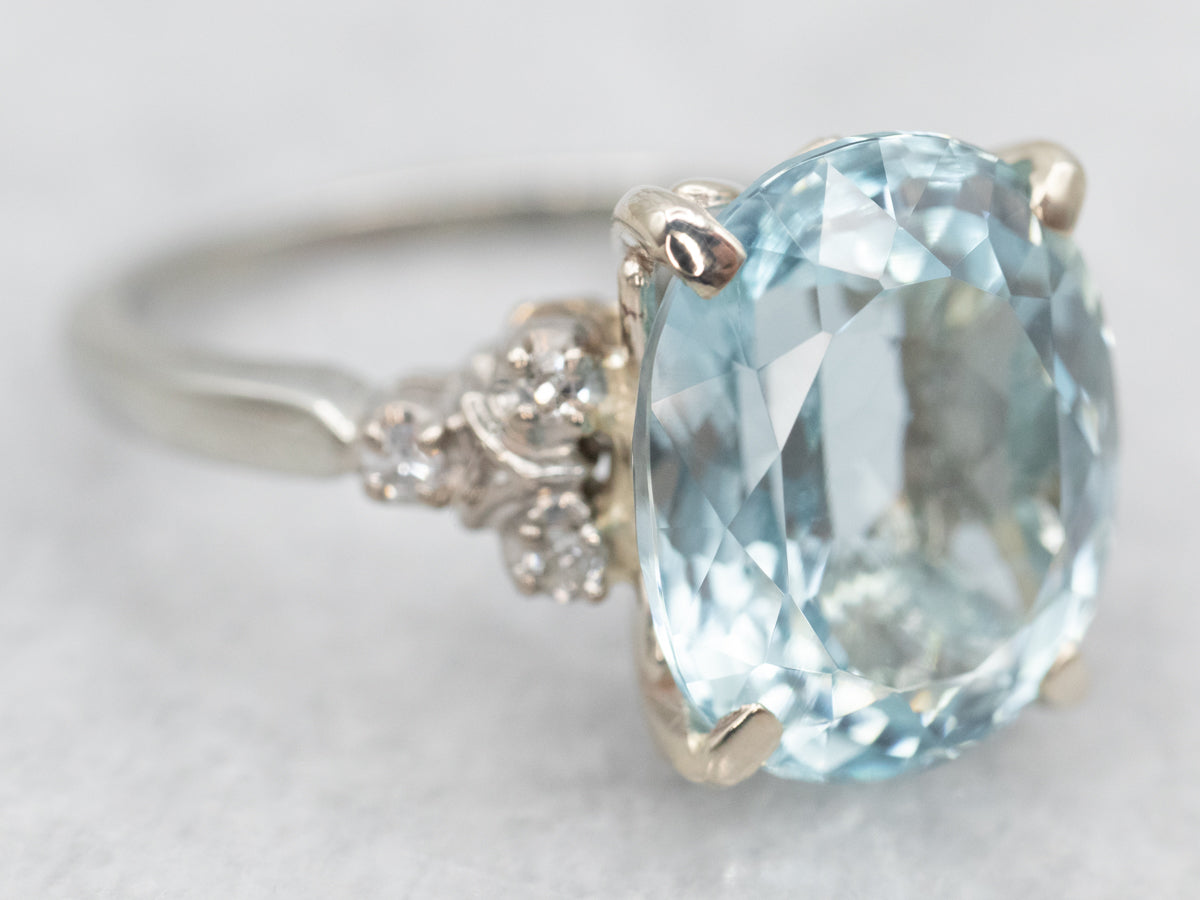 White Gold Oval Cut Aquamarine Ring with Diamond Accents