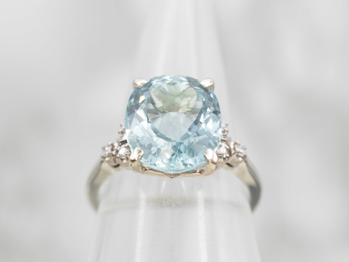 White Gold Oval Cut Aquamarine Ring with Diamond Accents