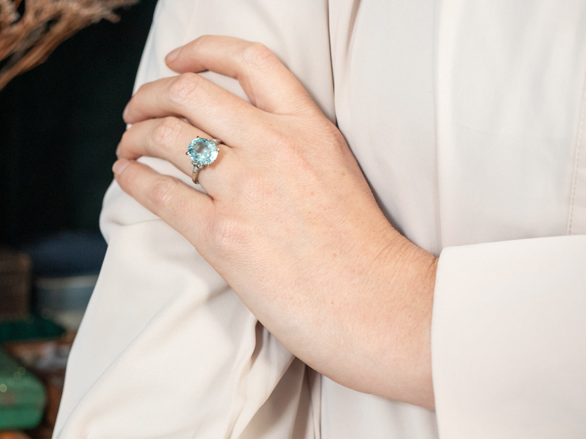 White Gold Oval Cut Aquamarine Ring with Diamond Accents