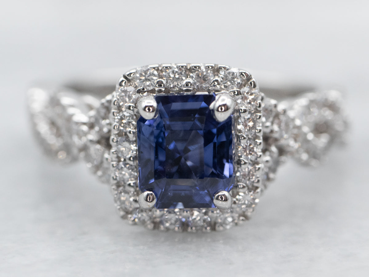 White Gold Sapphire Engagement Ring with Diamond Halo and Diamond Shoulders