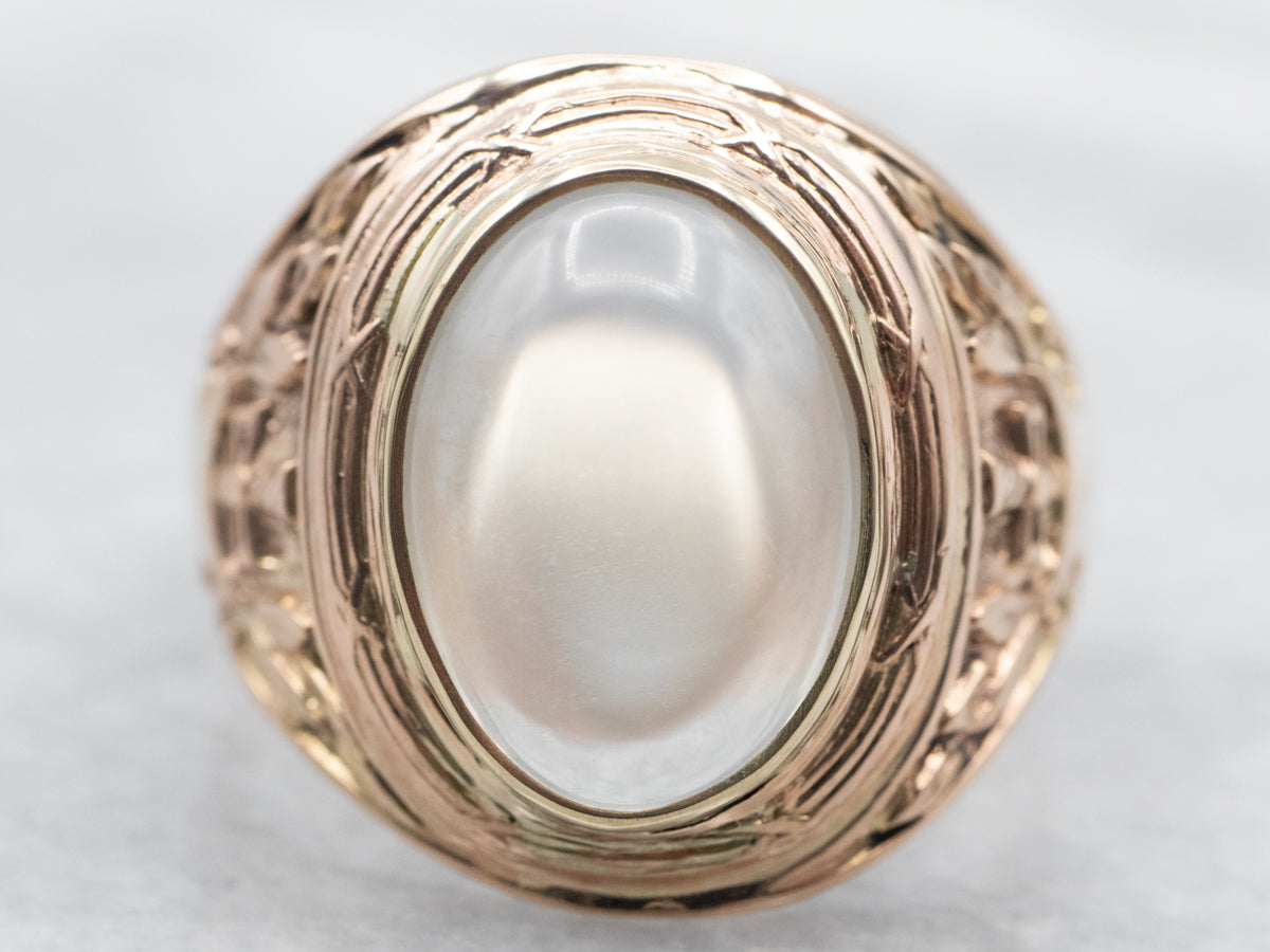 Yellow Gold Moonstone Solitaire Ring with Decorated Shoulders