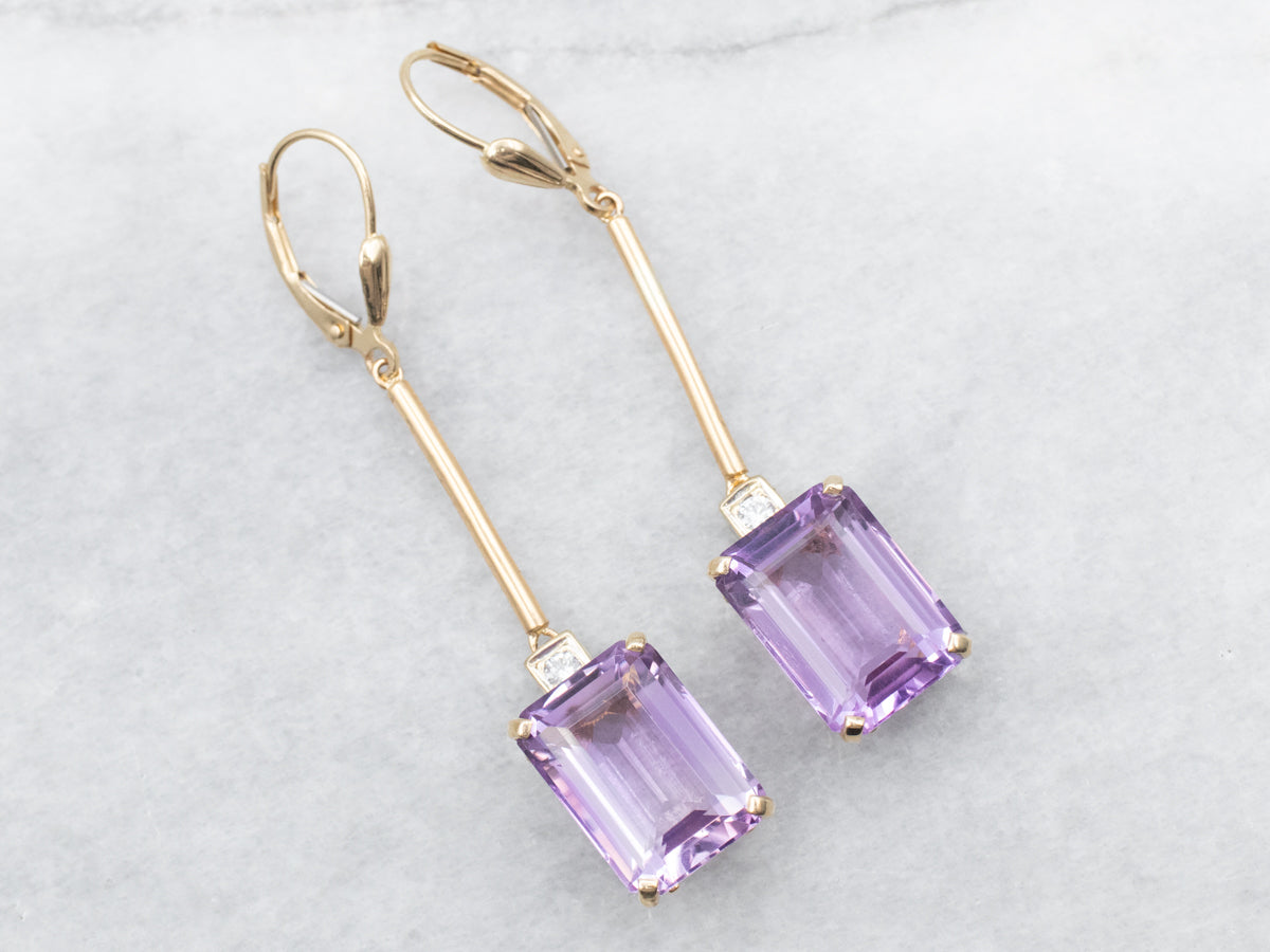 Yellow Gold Amethyst Drop Earrings with Diamond Accent