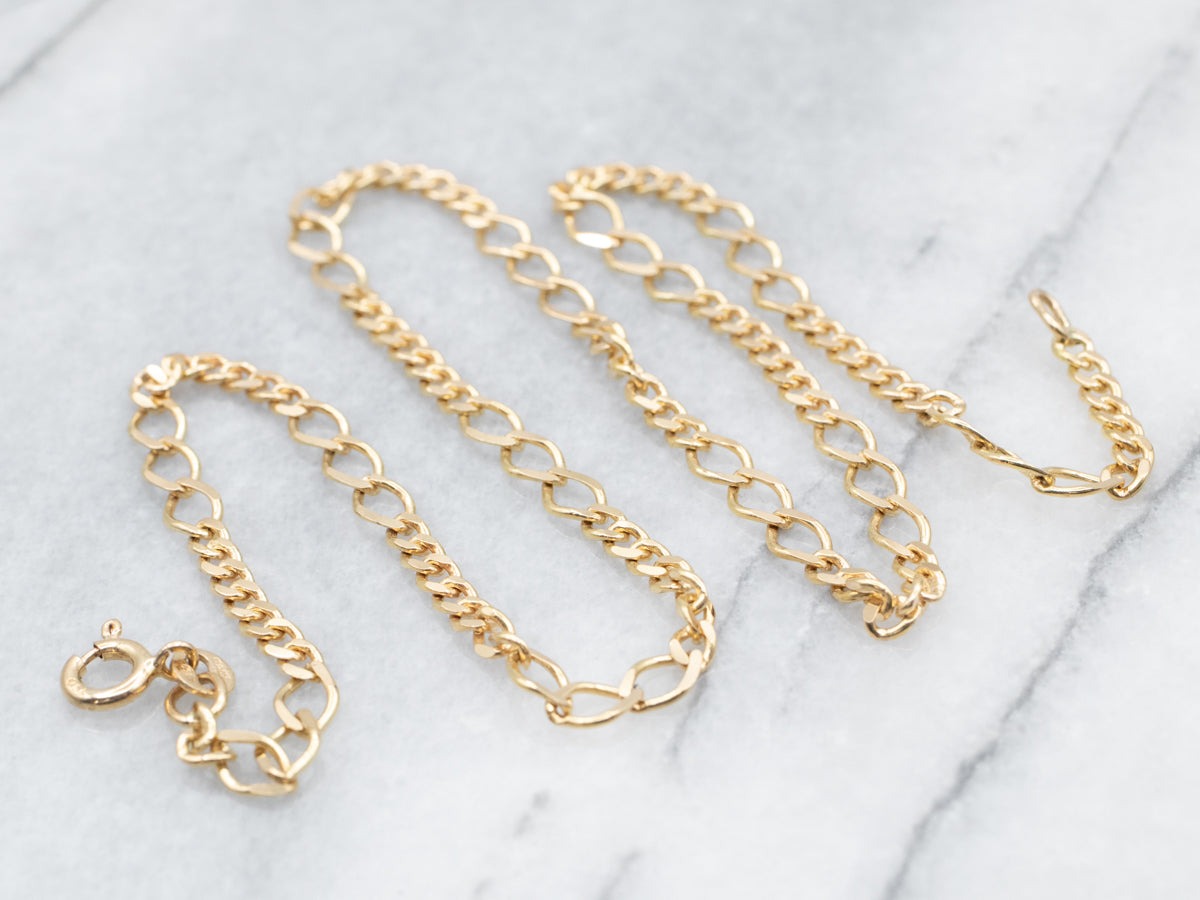 Yellow Gold Curb Chain with Elongated Links and Spring Ring Clasp