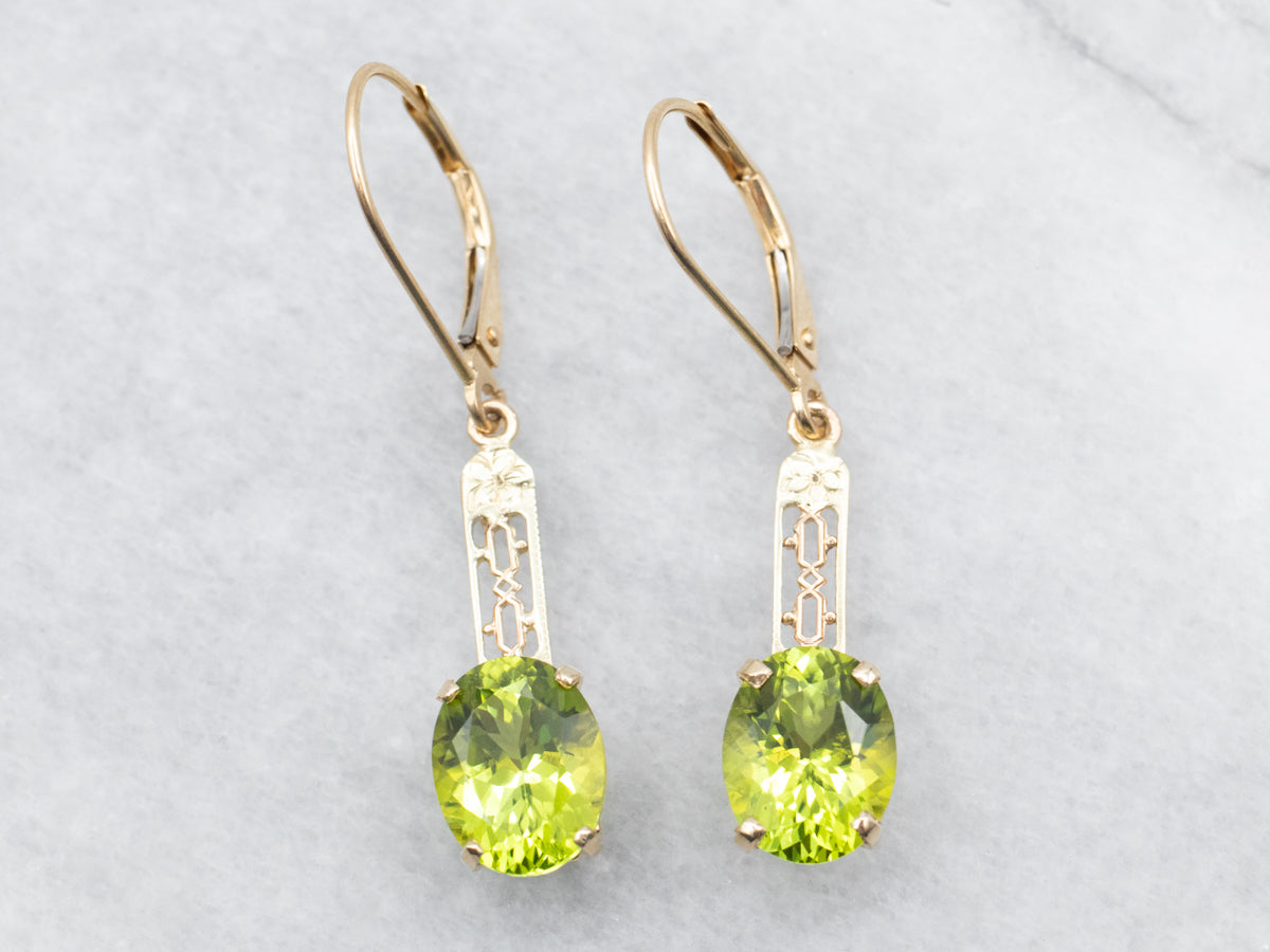 Yellow Gold Peridot Filigree Bar Drop Earrings